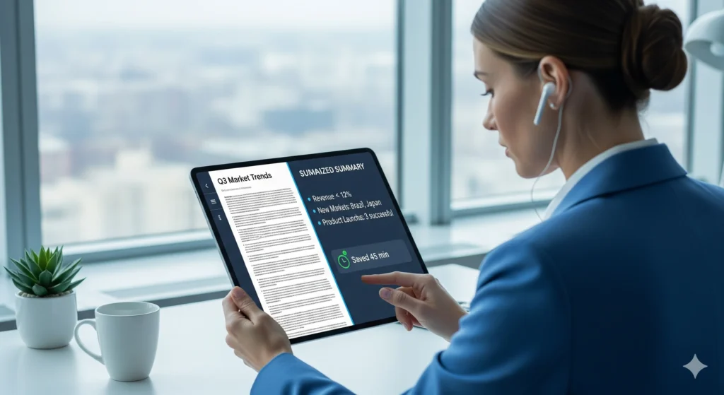 free AI tools - AI text summarizer condensing business report into key points - saves time
